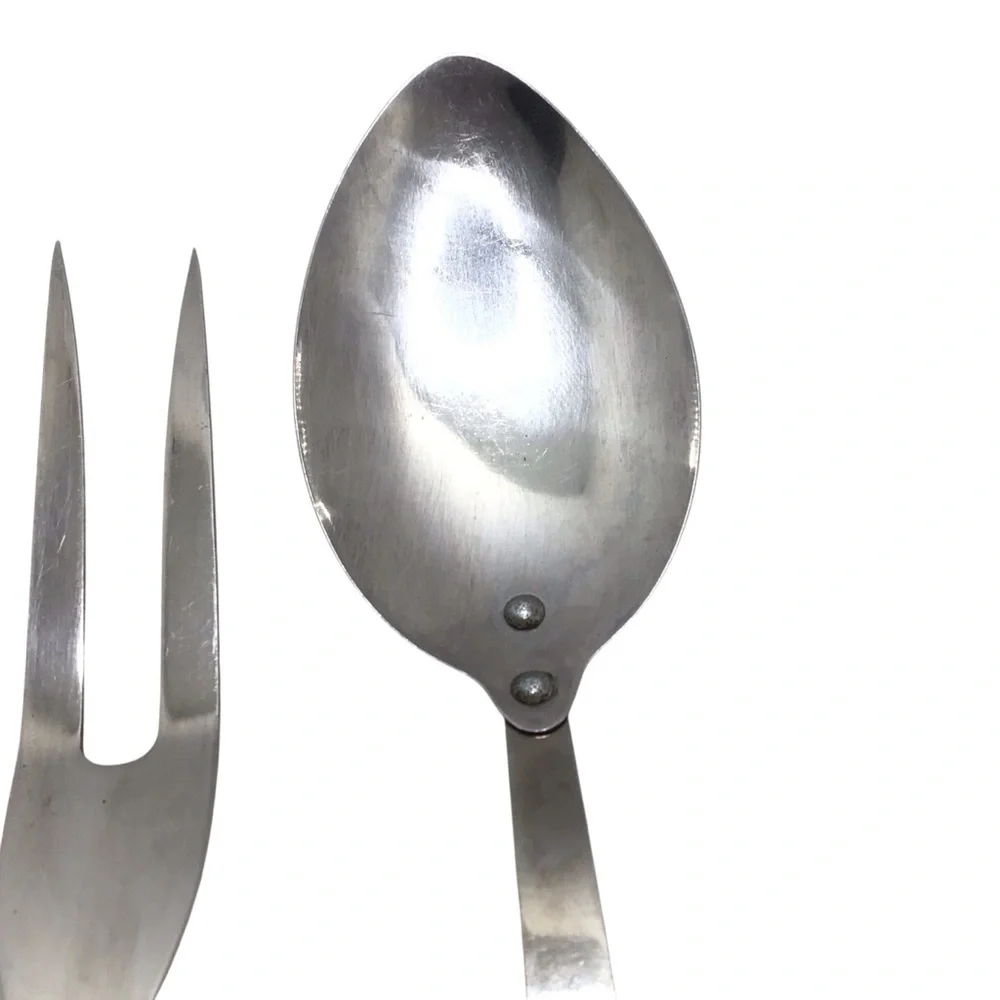 Vintage Japan Stainless Steel 3 Pc Serving Set Wood Handle Spoon Fork Utensils